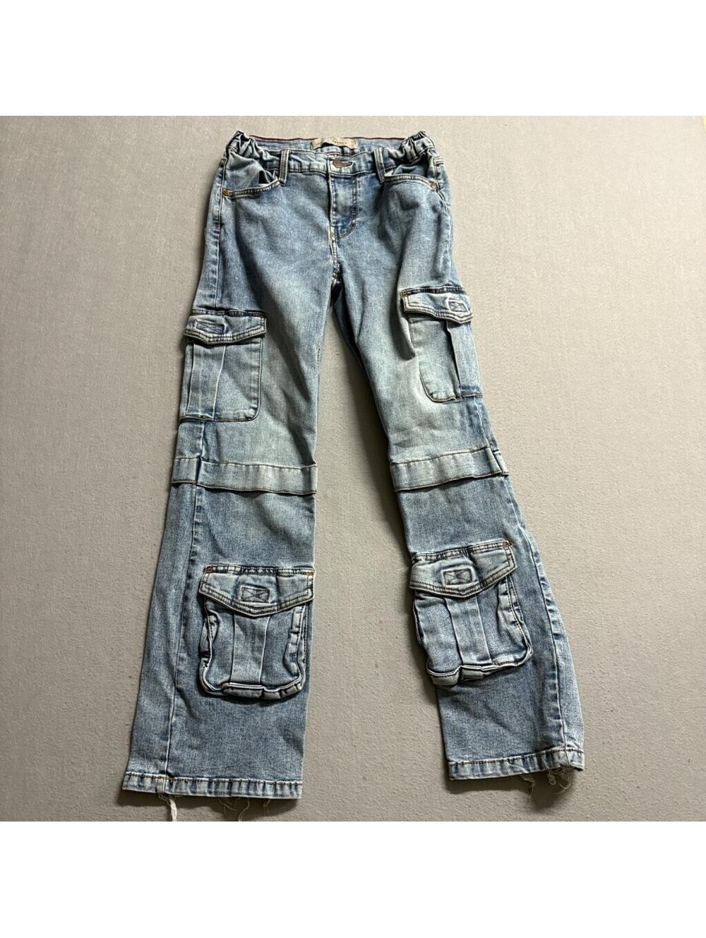 Love Trends Cargo Jeans Womens Size 3 Blue Denim Wide Leg Multi Pocket Stretch
